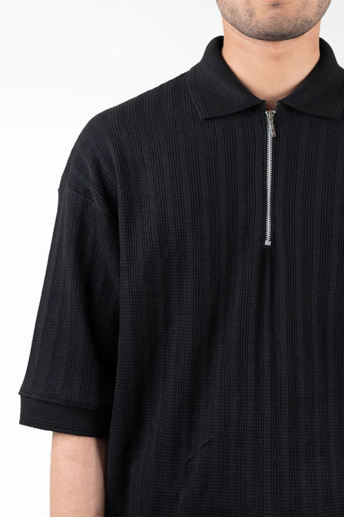 Black Boxy Fit Signature Knited Zip Polo