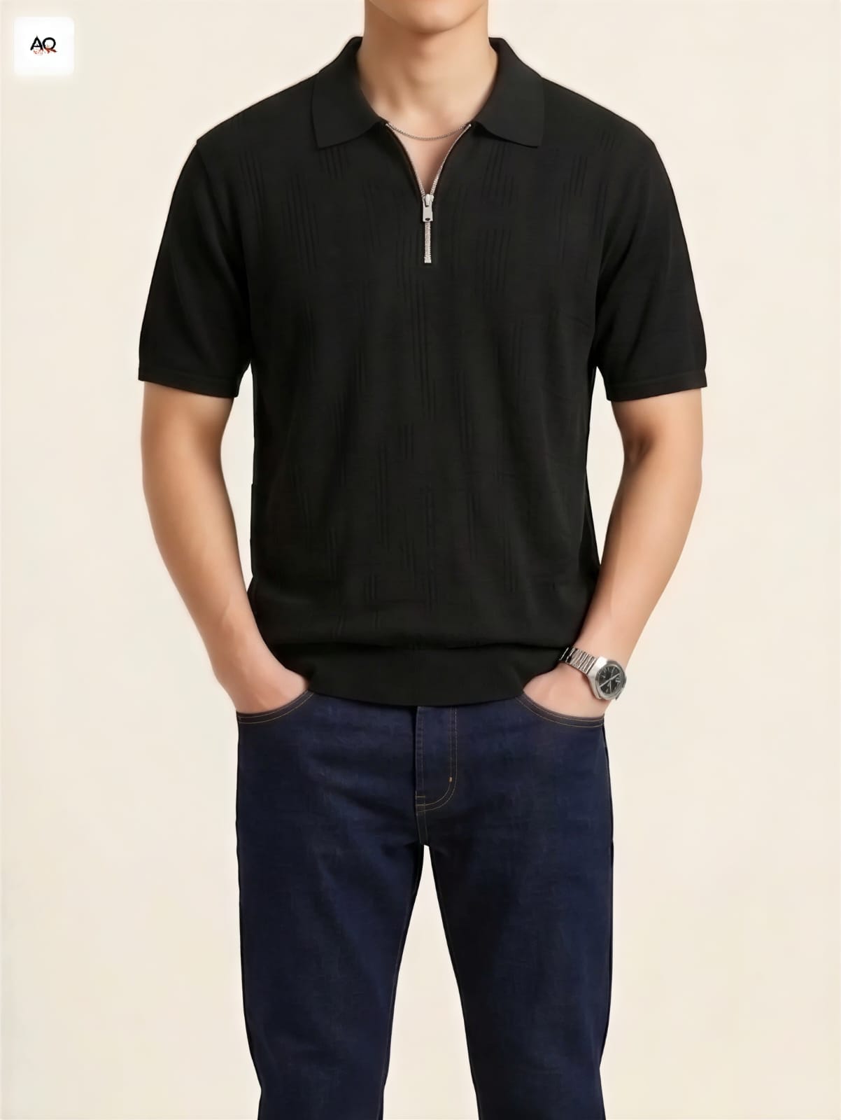 Black Boxy Fit Signature Knited Zip Polo